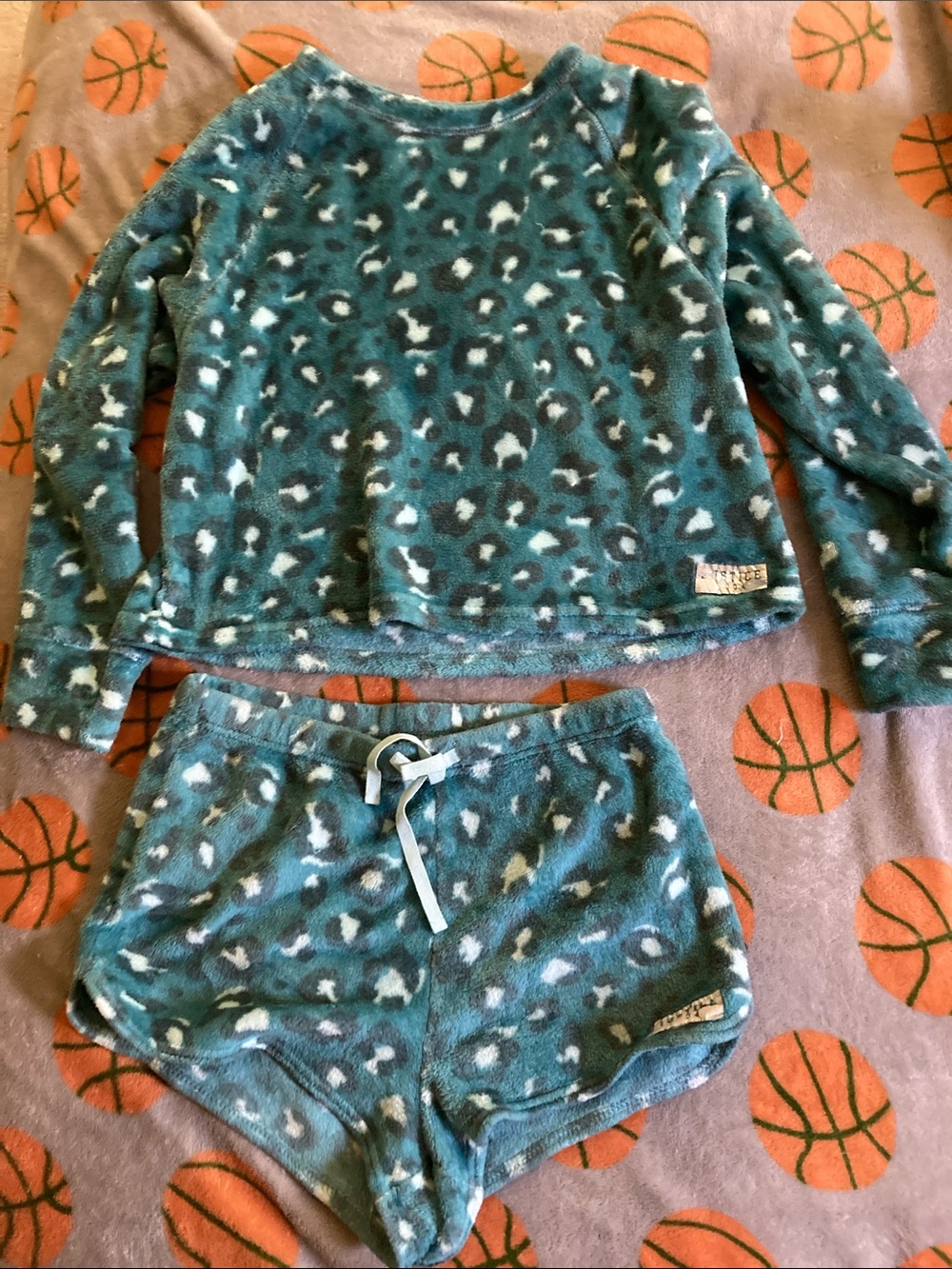 Justice Teal Leopard Plush Pajama Set - Teal & White Print size 14
